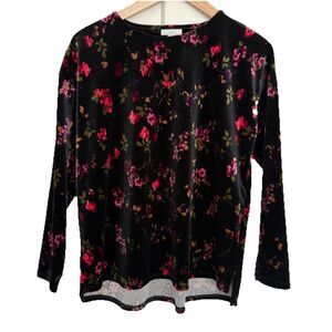 J Jill Velvet Top Womens XS Petite Black Floral Blouse